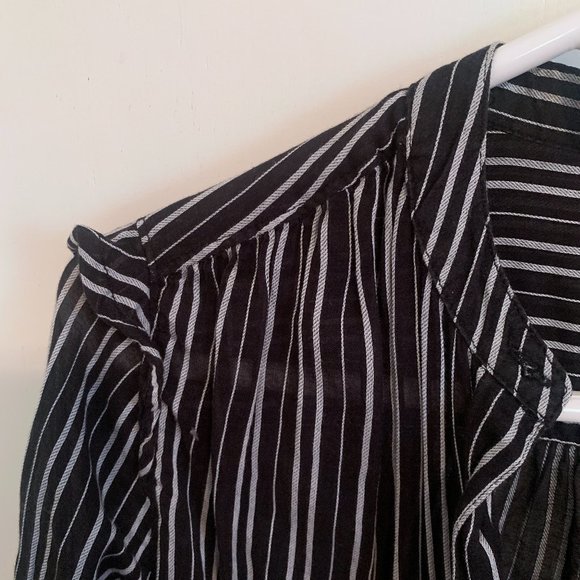 Joe Fresh Button Up Blouse Black & Whites Stripes w/ Mini Shoulder Ruffles XS - Picture 2 of 6